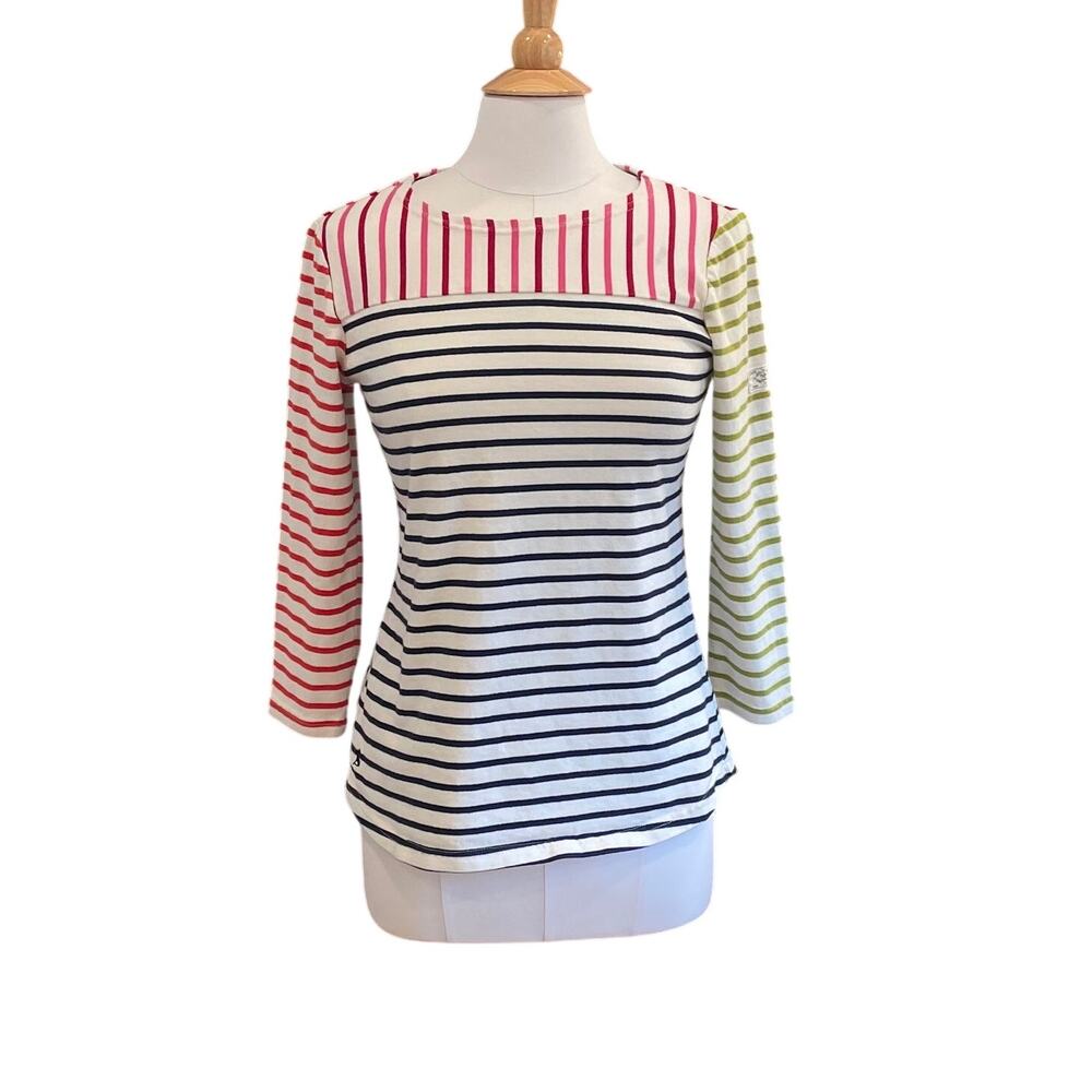 Joules Multi Color Striped 3/4 Sleeve Cotton T-Shirt, Preppy, Coastal, Size 8/M